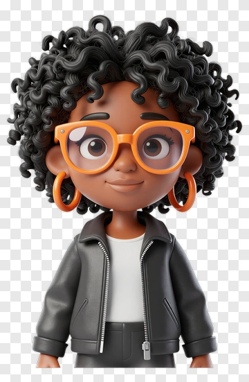 3D Girl With Curly Hair And Glasses PNG