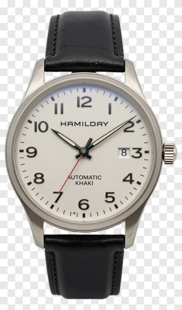 Automatic Khaki Watch With Black Leather Strap PNG