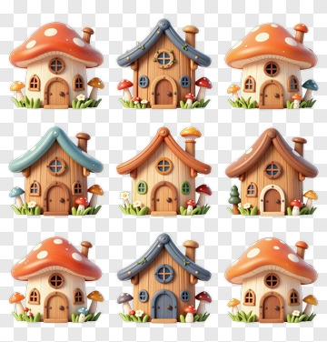 Colorful Mushroom Houses PNG