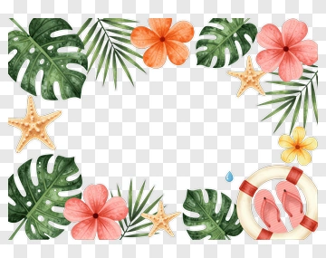 Tropical Floral Frame With Starfish And Lifebuoy PNG