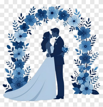 Wedding Couple Embracing Under Floral Arch PNG