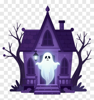 Cartoon Ghost In Front Of A Haunted House PNG