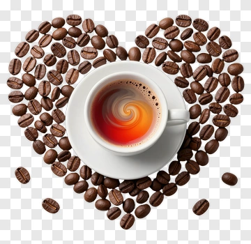 Coffee Cup Surrounded By Coffee Beans In A Heart Shape PNG