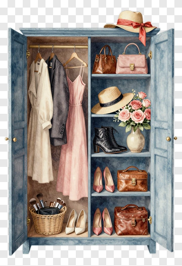 Stylish Wardrobe With Dresses And Accessories PNG