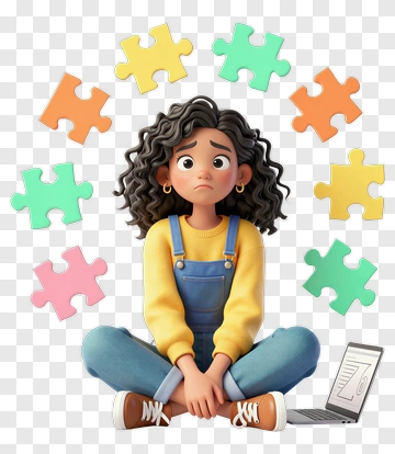Cartoon Girl Surrounded By Puzzle Pieces PNG