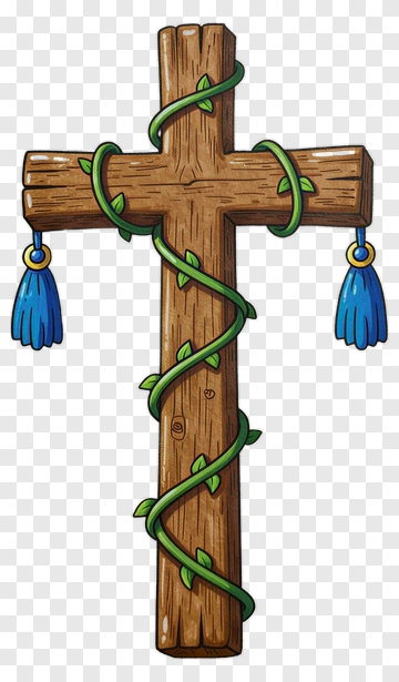 Wooden Cross With Vines And Blue Tassels PNG