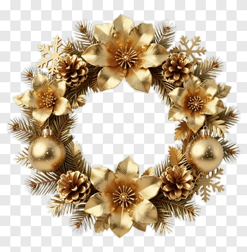 Golden Floral Christmas Wreath PNG