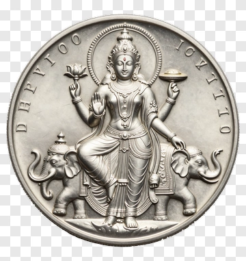 Silver Coin Featuring Goddess Lakshmi With Elephants PNG
