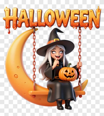 Cartoon Witch Sitting On A Moon Holding A Pumpkin For Halloween PNG