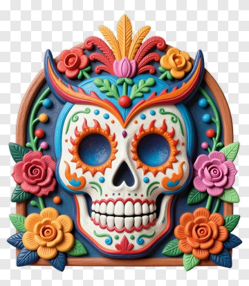 Colorful Sugar Skull With Floral Decorations PNG