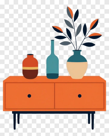 Colorful Vase And Bottles On An Orange Side Table PNG