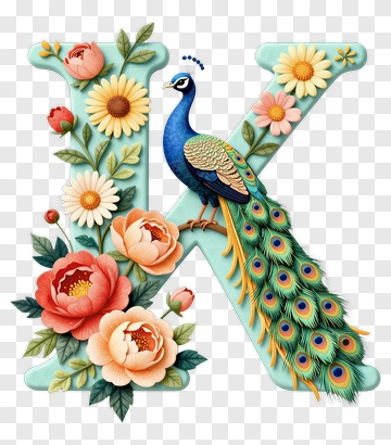 Colorful Letter K With Peacock And Flowers PNG