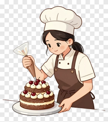 Cartoon Baker Decorating A Chocolate Cake PNG