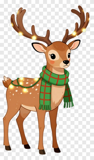 Cartoon Reindeer With Christmas Lights And Scarf PNG