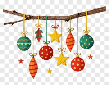 Colorful Christmas Ornaments Hanging From A Branch PNG