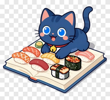 Cartoon Cat Playing On A Sushi Book PNG