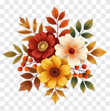 Colorful Floral Bouquet With Autumn Leaves PNG