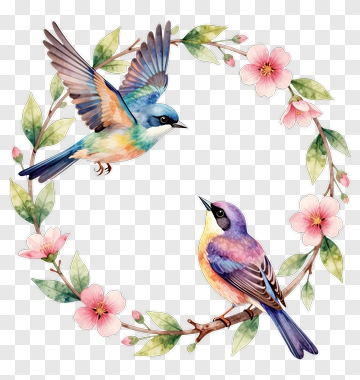 Colorful Birds In A Floral Wreath PNG