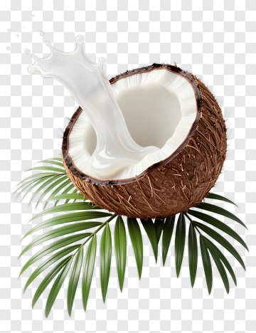 Coconut With Milk Splash On Green Leaves PNG