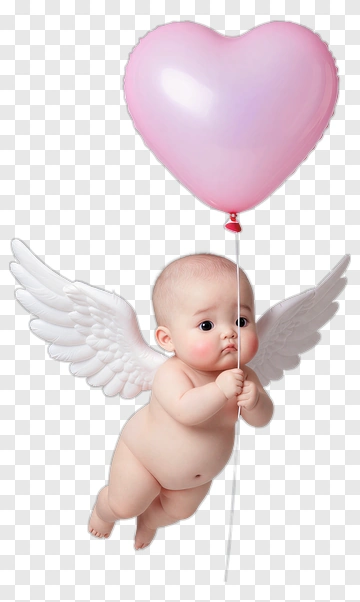 Baby Angel Holding A Pink Heart Balloon PNG