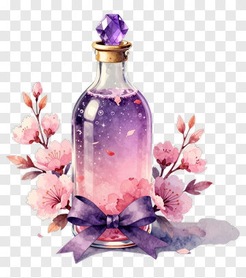Colorful Potion Bottle With Cherry Blossoms PNG