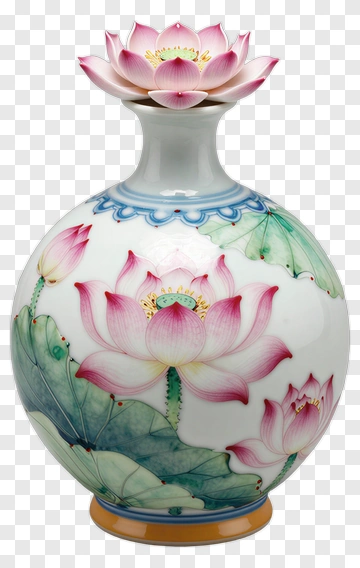 Ceramic Vase With Pink Lotus Flowers PNG