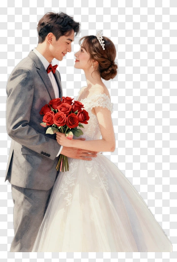 Happy Wedding Couple Holding A Bouquet Of Red Roses PNG