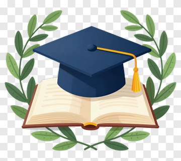Graduation Cap On Open Book With Laurel Leaves PNG