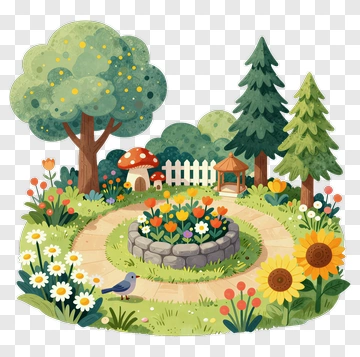 Colorful Garden Pathway With Flowers And Trees PNG