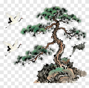 Pine Tree With Cranes In Traditional Style PNG