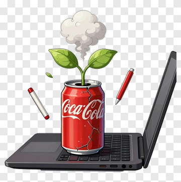 Cartoon Laptop With Coca-Cola Can And Plant PNG