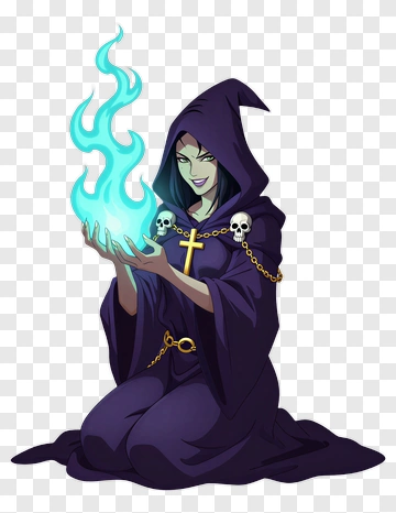 Cartoon Sorceress Holding Magical Flames PNG
