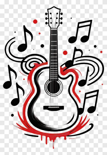 Acoustic Guitar With Musical Notes And Red Accents PNG