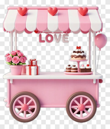 Pink Love Cart With Cakes And Flowers PNG