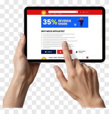 Person Interacting With A Tablet Showing Revenue Share Information PNG