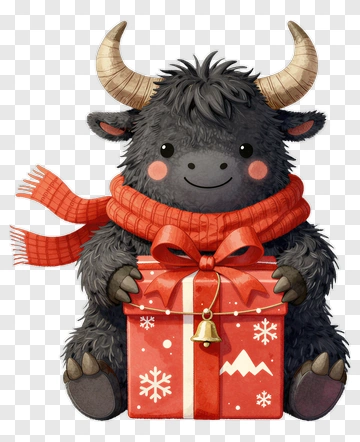 Cartoon Yak Holding A Christmas Gift Box PNG