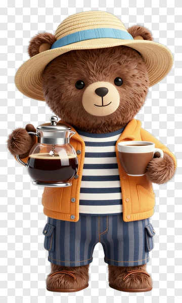 3D Bear Holding A Coffee Pot And Cup PNG
