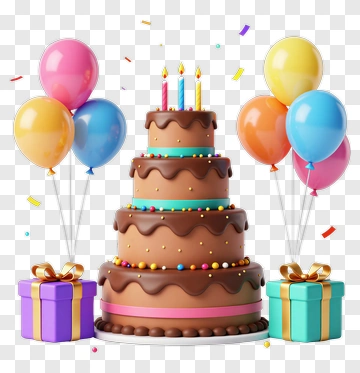 Colorful Birthday Cake With Balloons And Gifts PNG