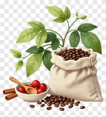 Coffee Bag With Beans And Bowl Of Berries PNG