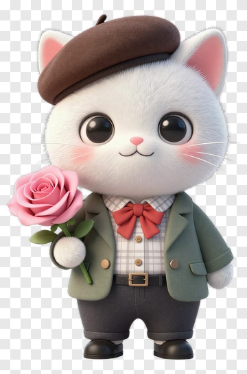 3D Cat Holding A Pink Rose PNG