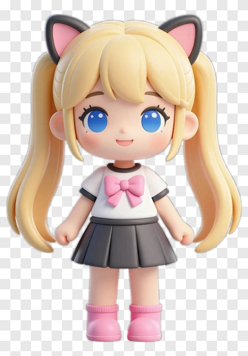 3D Cartoon Girl With Cat Ears And Pink Bow PNG