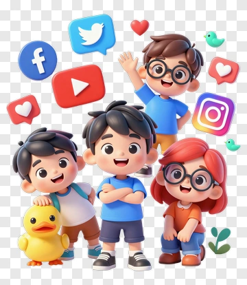 Cartoon Children With Social Media Icons PNG