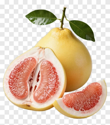 Pomelo Fruit With Slices And Leaves PNG