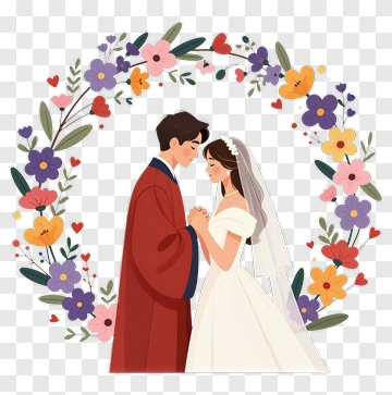 Wedding Couple In Floral Wreath PNG