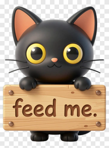 Cartoon Black Cat Holding A Feed Me Sign PNG