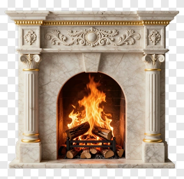 Elegant Marble Fireplace With A Warm Fire PNG