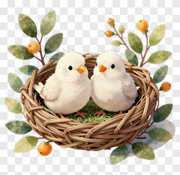 Cute Birds In A Nest With Green Leaves PNG