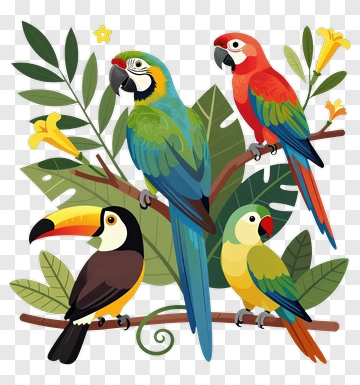 Colorful Tropical Birds On Branches PNG