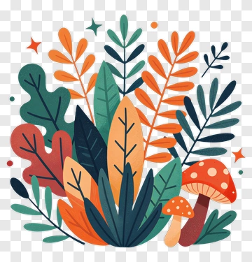 Colorful Leaf And Mushroom Arrangement PNG