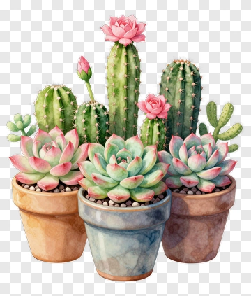 Colorful Succulent And Cactus Arrangement In Pots PNG